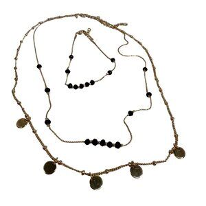 Layered Gold & Black Beaded Necklace Set With matching Bracelet Signed NRQ